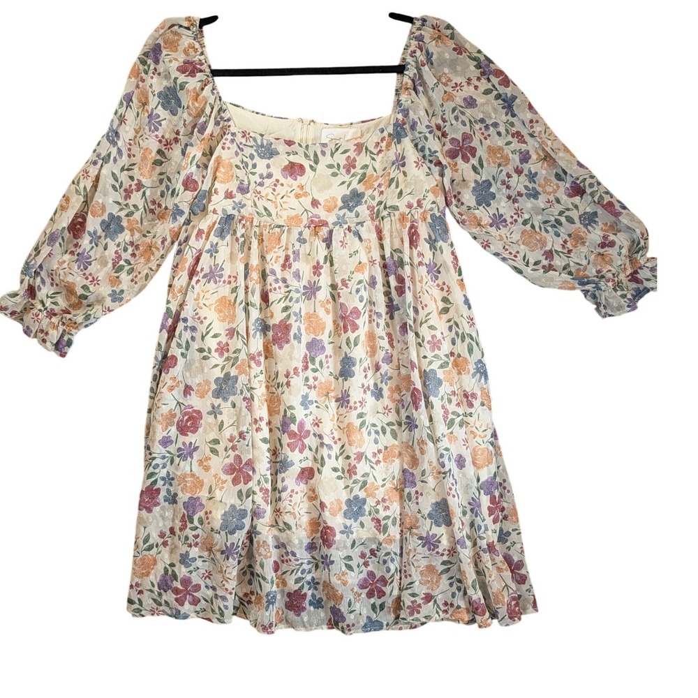 Sweet Lemon Floral Clip Dot Babydoll Mini Dress Square Neck Puff Sleeve Cream M